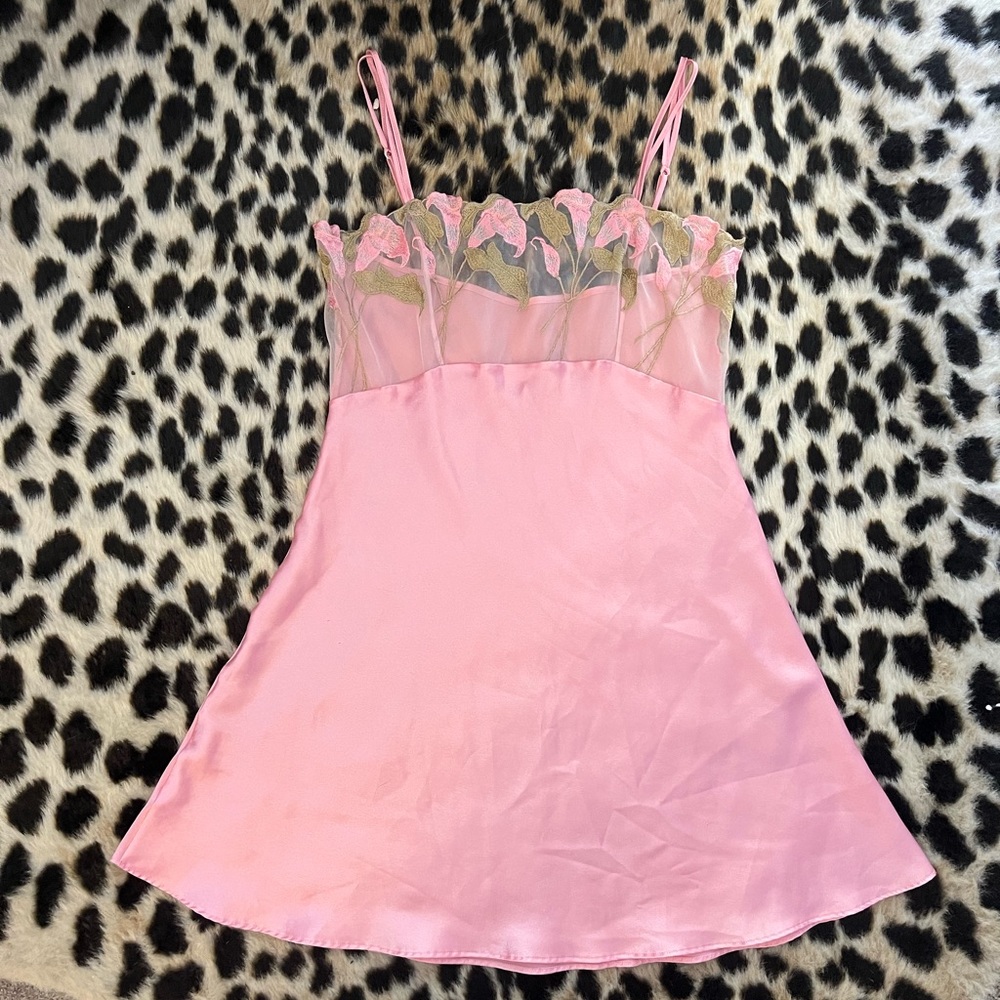 Pink mini slip dress, floral see through detailing